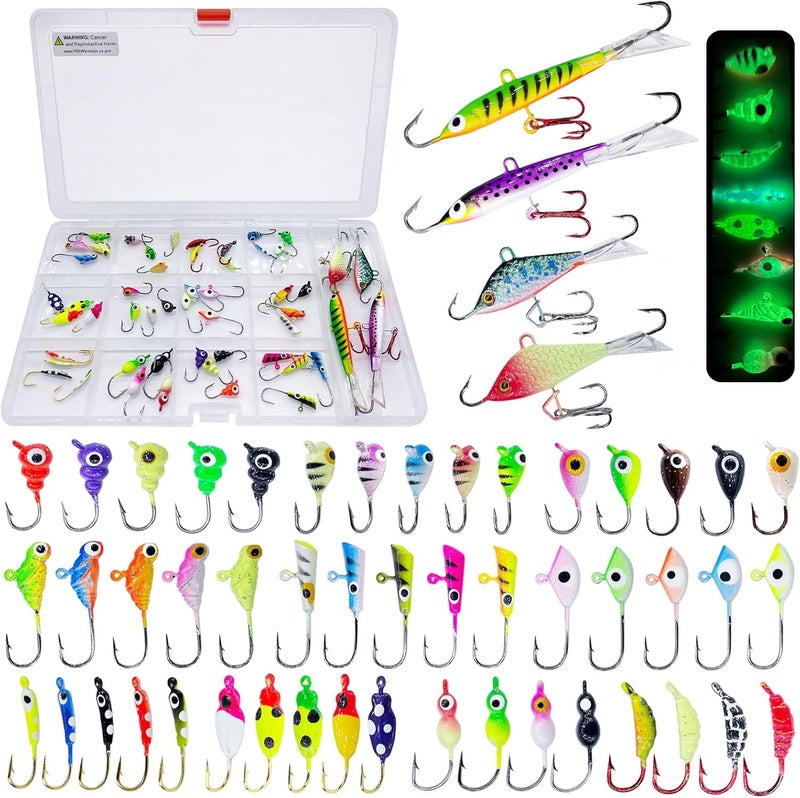 Bombite 52Pcs Ice Fishing Lures Ice Fishing Jigs Kit Glowing Paint Ice Fishing Jig Heads for Crappie Trout Perch Walleye Ice Fishing Gear - Image 1
